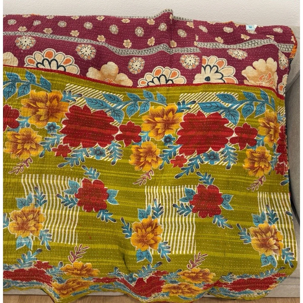 Kantha Quilt Blanket Cotton Patchwork Artisan Hand-Stitched Reversible VTG 7x4ft